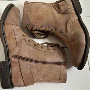 Material Girl Suede Lace up with Buckle Boots. Size 10 Color Congac